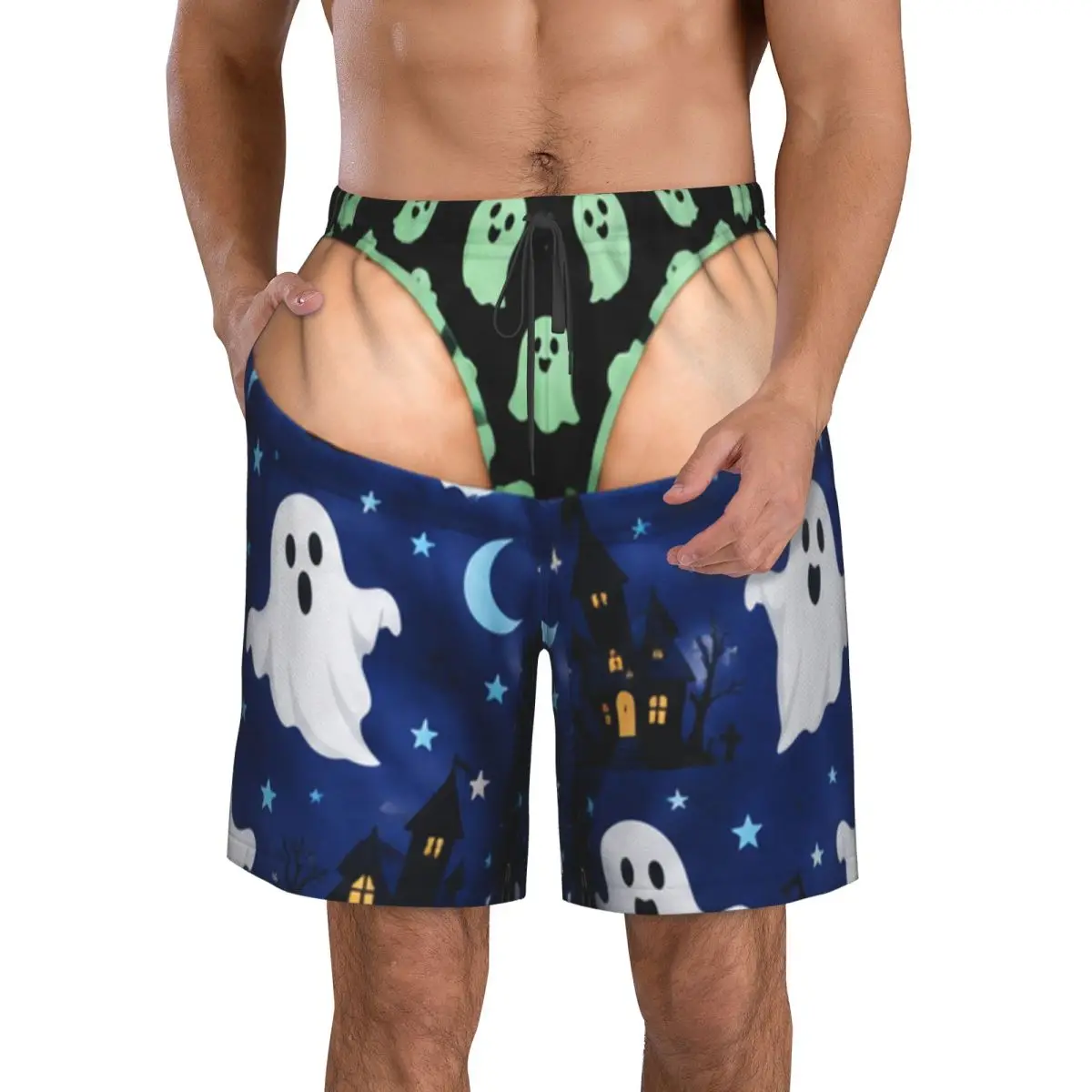Funny Sexy Halloween Spider Web Spooky Gothic Raven Witchy Zombie Pumpkin Men's Swim Trunks Quick Dry Beach Shorts for Vocation
