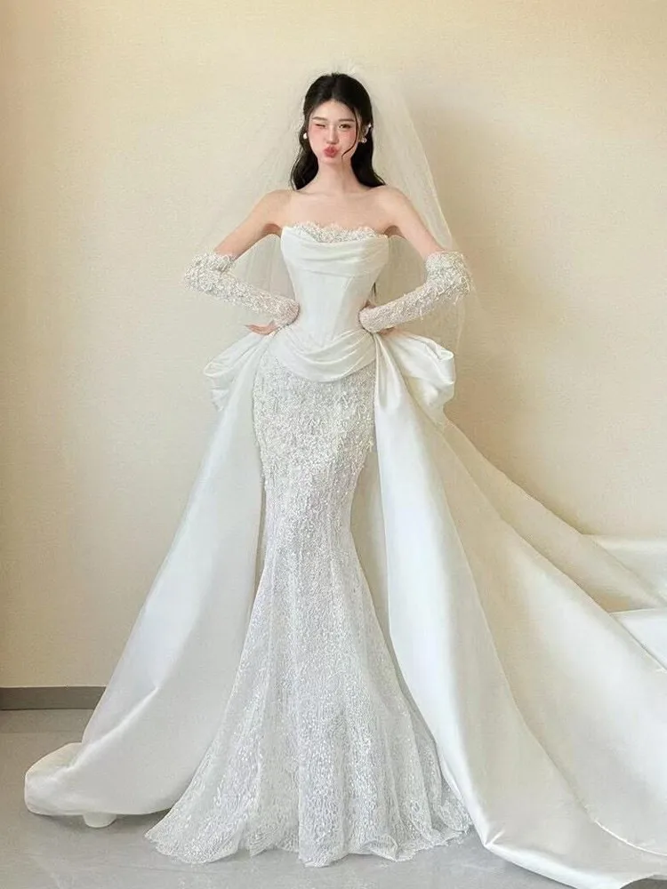 Fishtail light new style lace morning dress to welcome guests and go out gauze