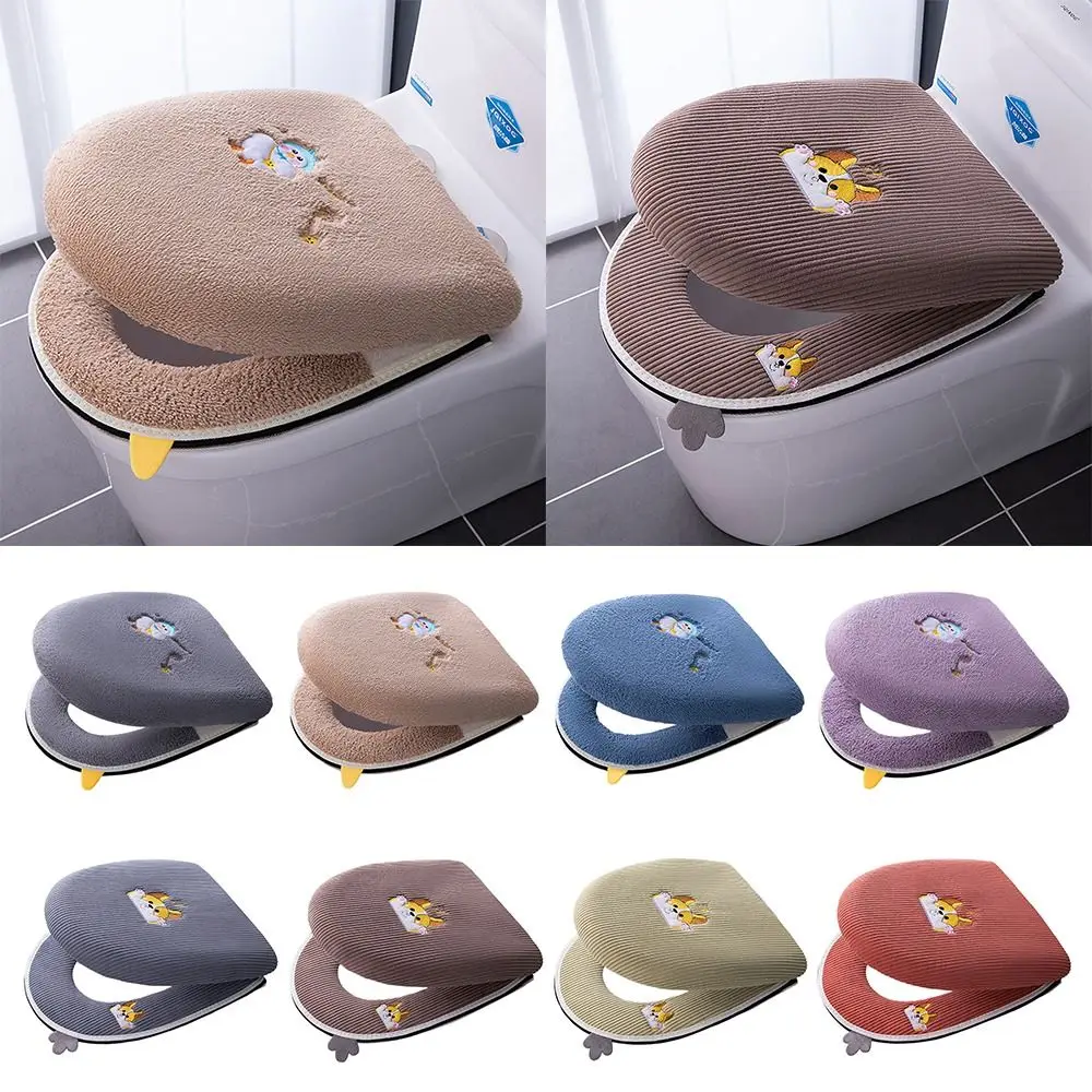 2PCS/Set Multicolor Toilet Seat Mat Set Flannelette Cartoon Dog Duck Closestool Seat Case Warm Soft Cushion Lid Cover Bathroom