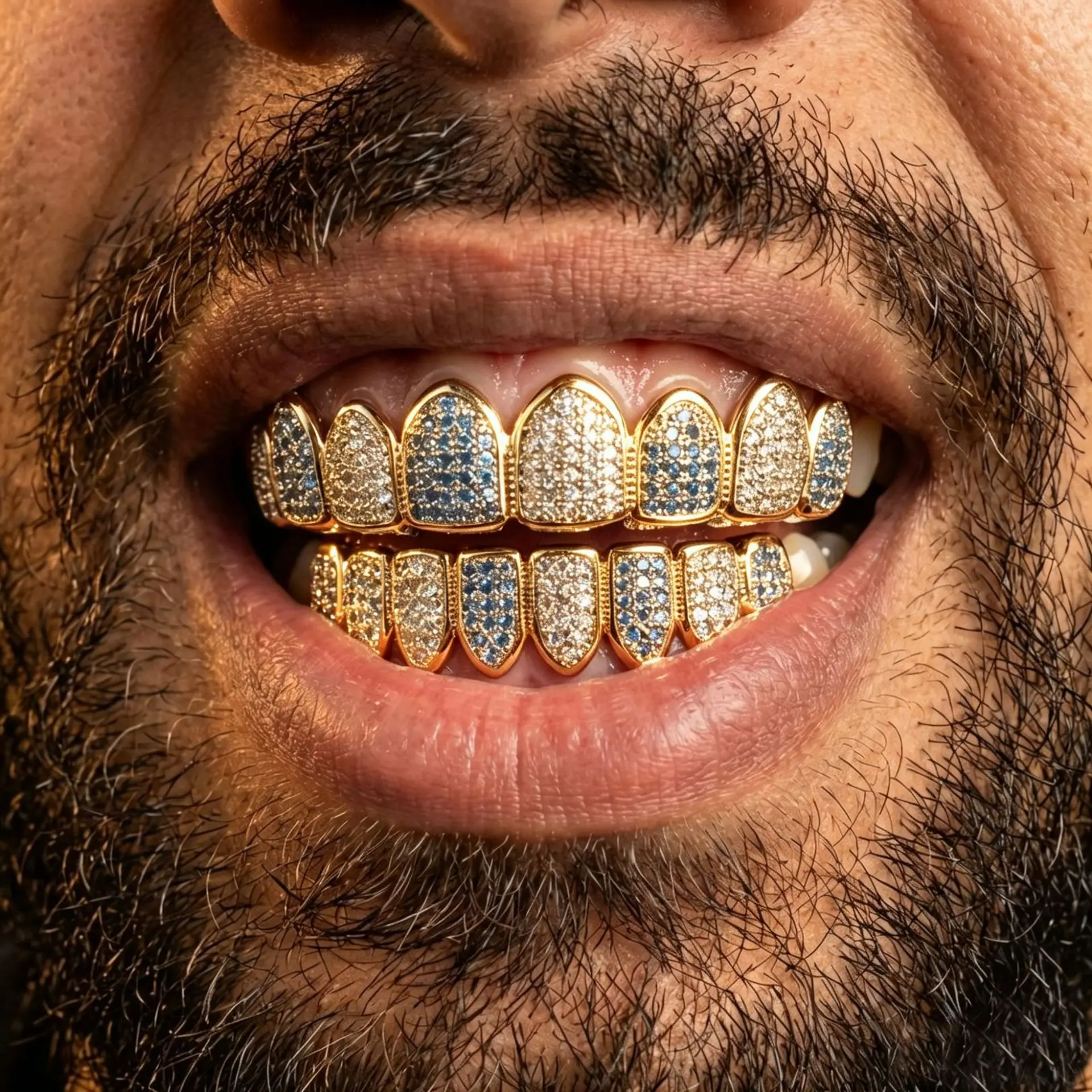 Iced Out Blue White CZ Teeth Grillz Set Top Bottom Micro Pave Cubic Zirconia Hip Hop Mouth Grills Party Jewelry