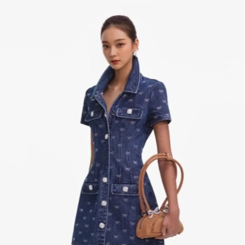 

Elegant Women Summer A Line Denim Dress Sweet Lapel Fake Pockets Single Mini Jean Robes Lady Party Club Beach Fashion Clothing