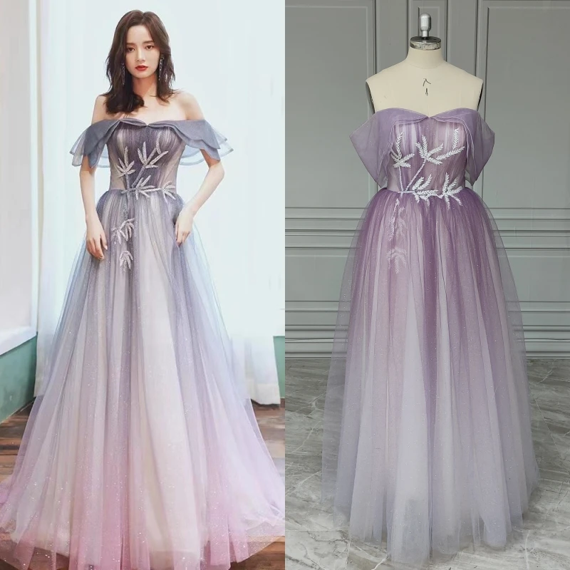 15436#Real Photos Shiny Tulle  A-line Wedding Bridesmaid Dress Bridal Gown For Women Birthday Party Evening Dresses With Beading