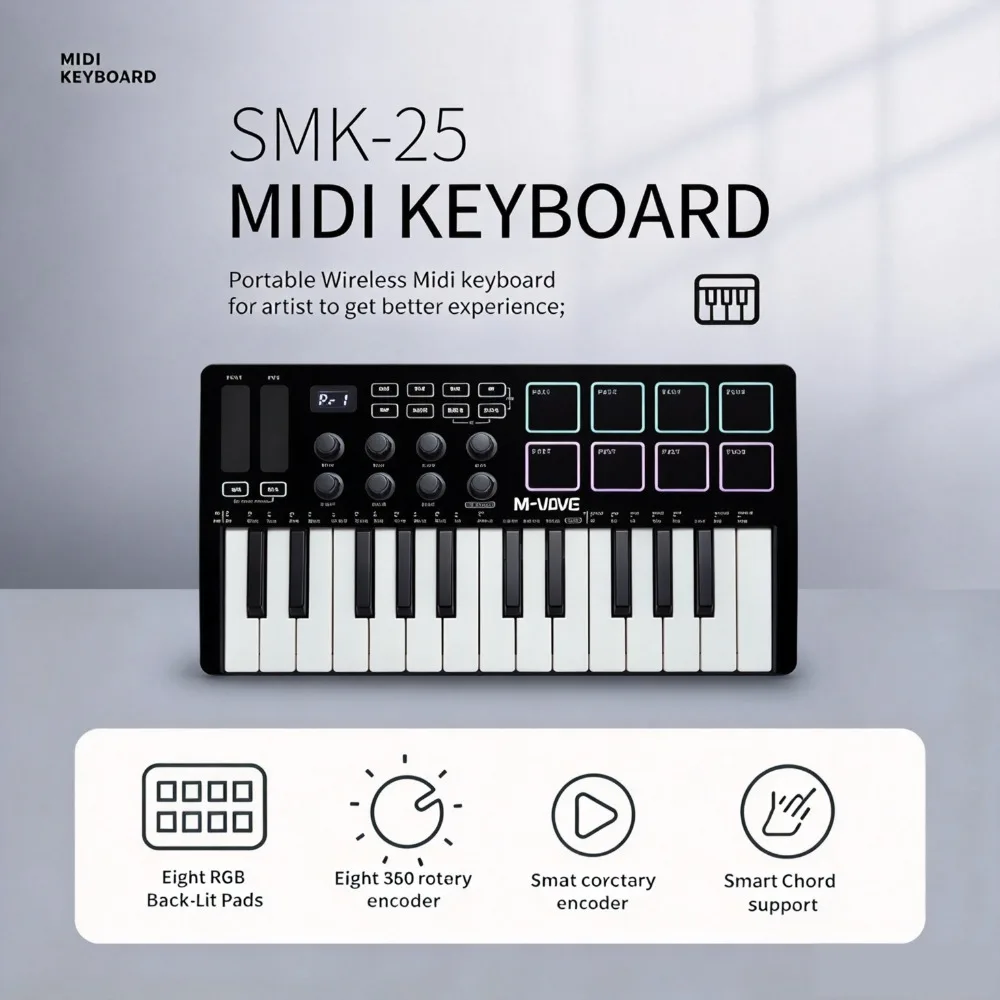 M-VAVE SMK-25 MIDI Keyboard Controller with Backlit Drum Pads, Bluetooth Wireless Portable Rechargeable MIDI Controller