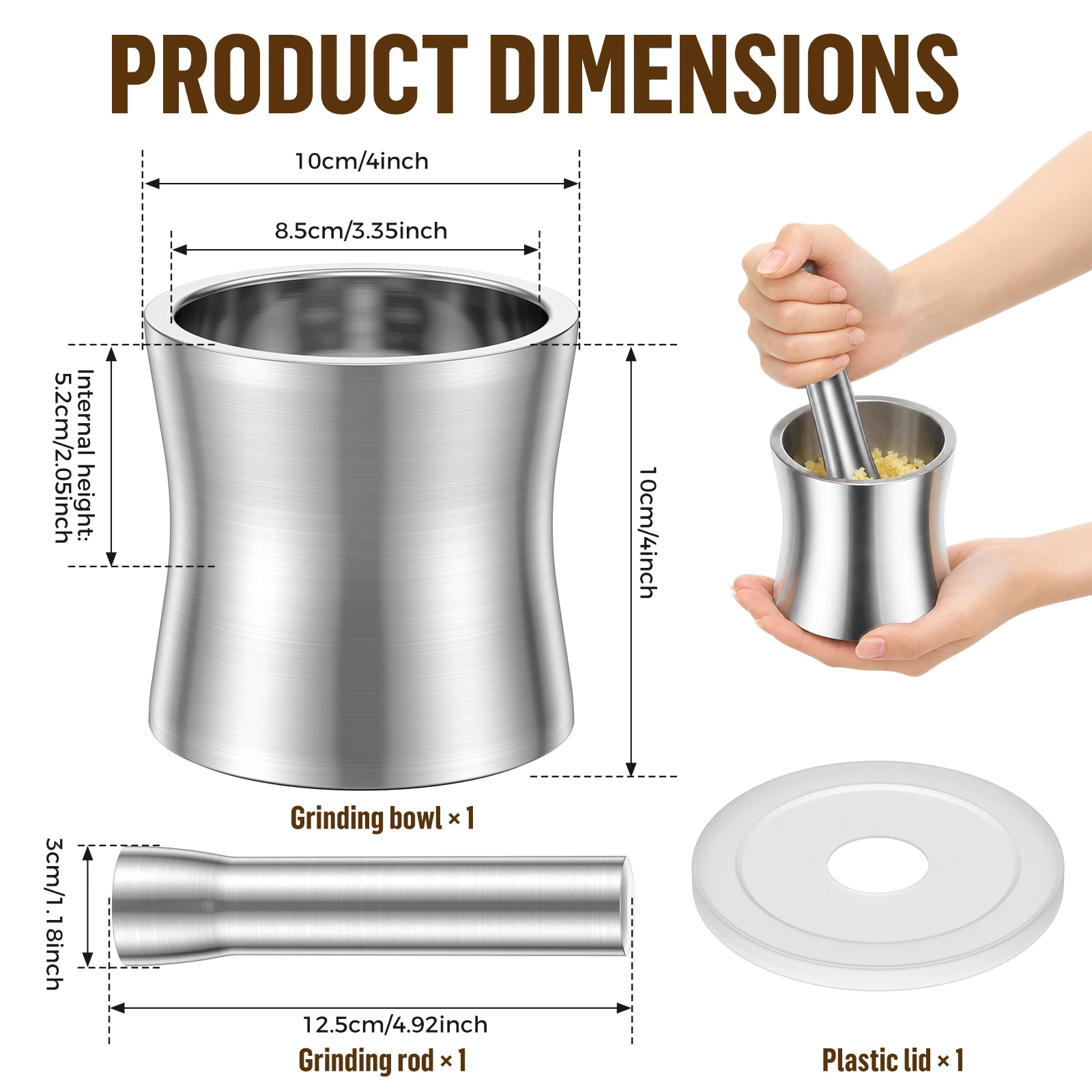 Stainless Steel Mortar and Pestle Set with Splash-proof Lid Manual Spice Grinder Kitchen Cooking Food Crusher with Non-slip Base