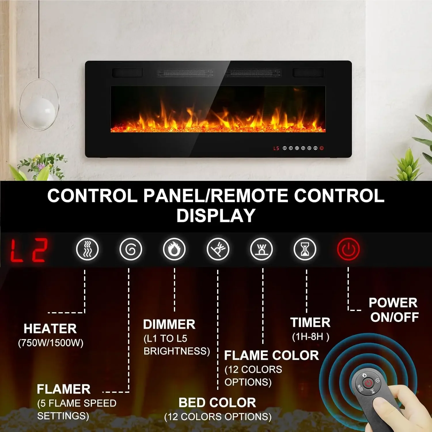 Ultra Thin Fireplace Inserts for Living Room with Heater, Remote Control, Touch Screen, Led Flame, 8H Timer, 750w/1500w