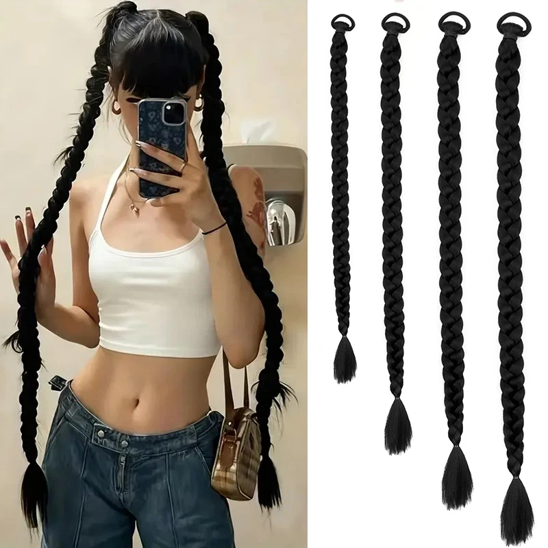 Synthetische lange, gerade geflochtene Haarverlängerung, Pferdeschwanz, elastisches Gummiband, Clip-in-Haarteil in Schwarz für den täglichen Gebrauch von Frauen