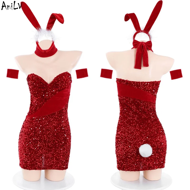 

AniLV 2023 Rabbit Year Women Red Bling Sequin Strapless Dress Unifrom Bunny Girl New Year Party Dress Outfits Costumes Cosplay