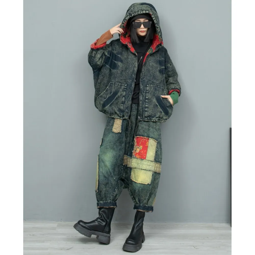 2024 Winter Vintage Pant Set Linen Denim Cotton Clip Double-sided Hooded Jacket + Large Crotch Pants Two-piece Set Women ZF330