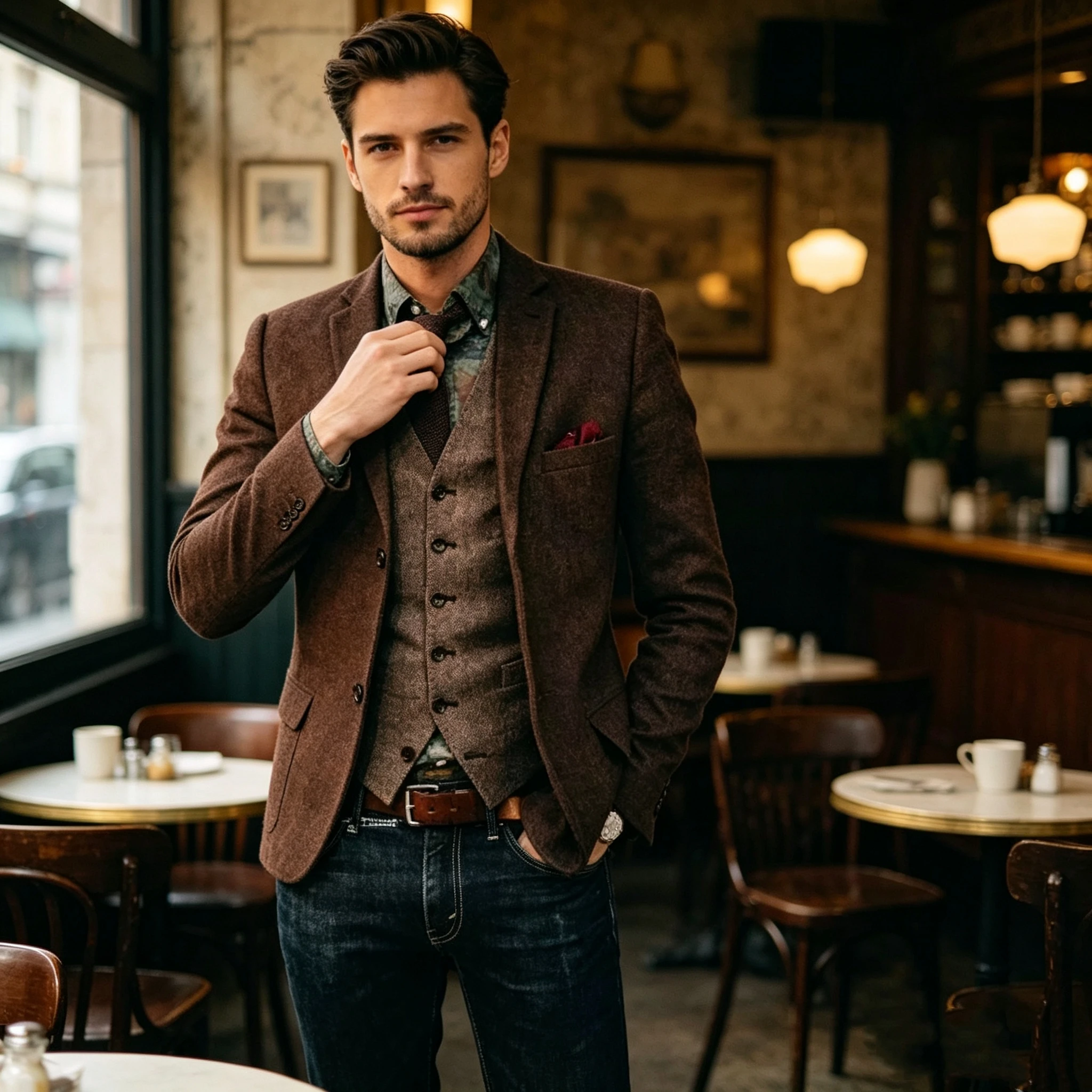 

Men's Slim Fit Brown Herringbone Tweed Wool Blazer Formal Notch Lapel Tuxedo Jacket 1-Piece Winter Coat for Wedding Business