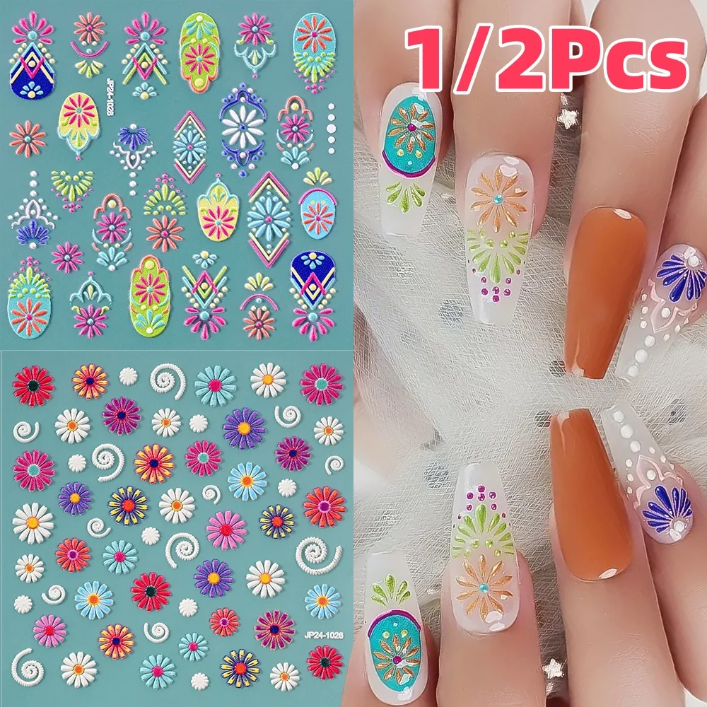 1/2Pcs 5D Bohemia Flower Nail Stickers Embroidery Boho Floral Adhesive Nail Decals Exquisite Vintage Flowers Nail Art Decoration