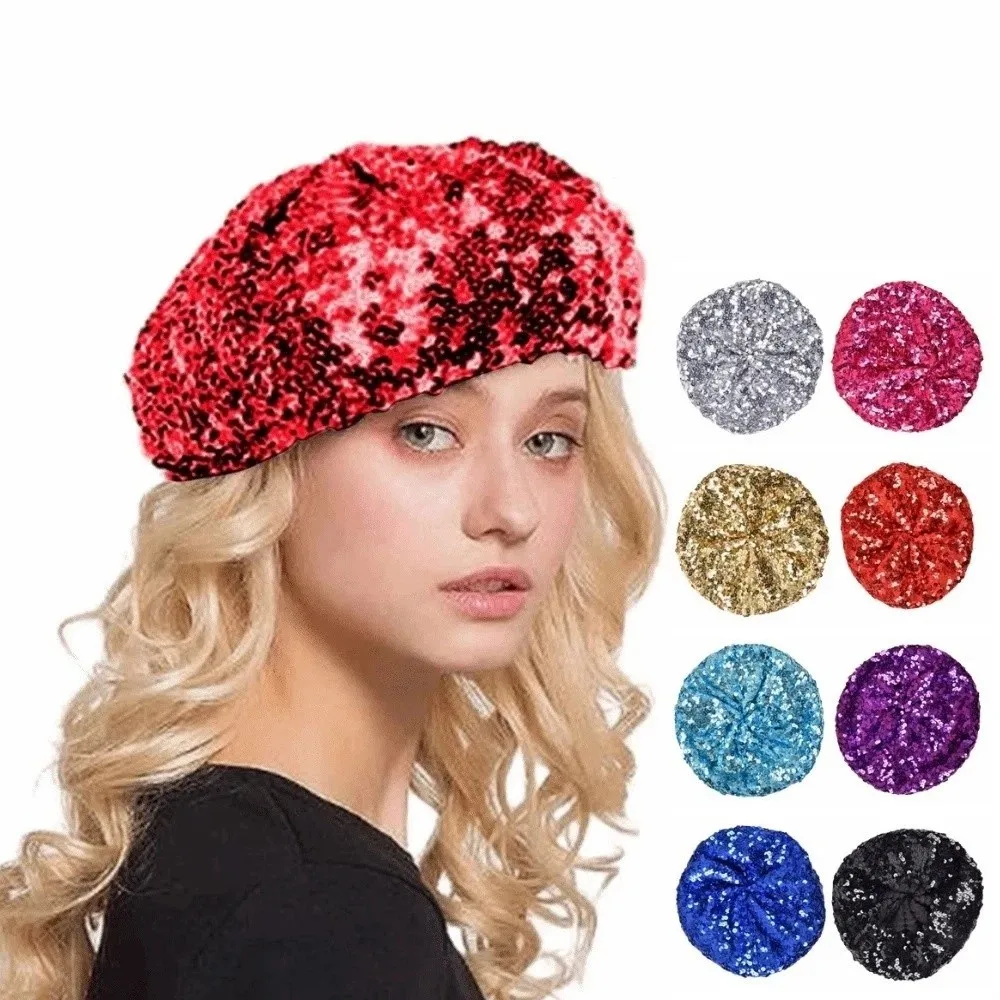 Elegant Chic Glitter Beanie Cap Retro Solid Color Shining Beret Hat Octagonal Shape Lightweight Shiny Painter Hat Daily Wear