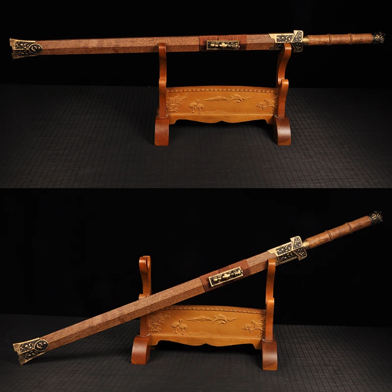 Chinesisches Schwert, geschmiedeter Damaststahl, rote Beschichtung, Drachenschwert, Messingbeschläge, Palisanderhülle – scharfe Bereit