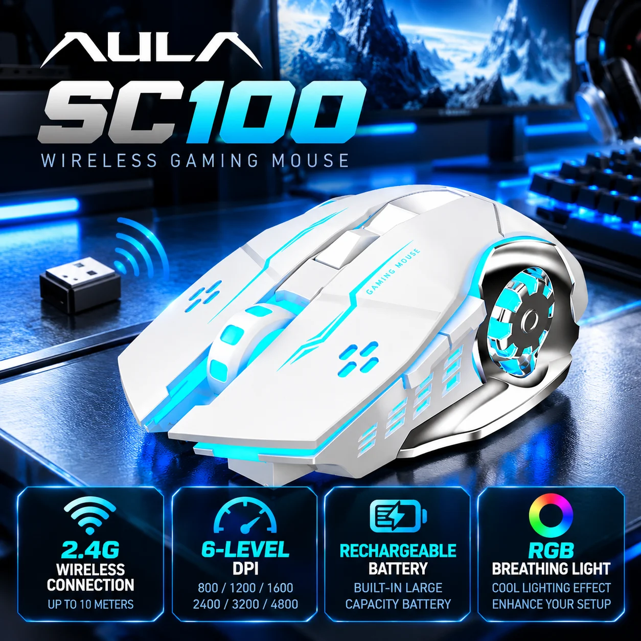 AULA SC100 2.4G Wireless Gaming Mouse Rechargeable RGB LED 6-Level DPI USB Optical Mouse