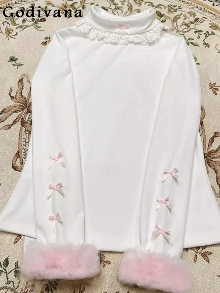 

Lolita Cute Sweet Warm Knitted White Long-sleeved Bottoming Shirt Fashion Versatile Slim Lace Semi-turtleneck Exquisite Bow Top
