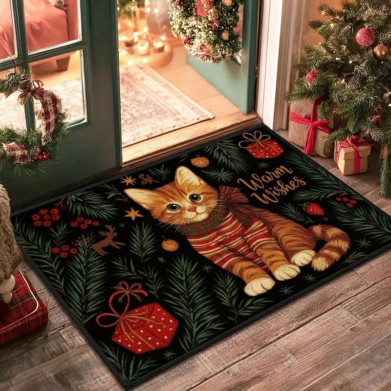 VIKAMA Black Cat Striped Sweater Warm Wishes Rug for Entryway, Non Slip Machine Washable Holiday Mat Home Decor