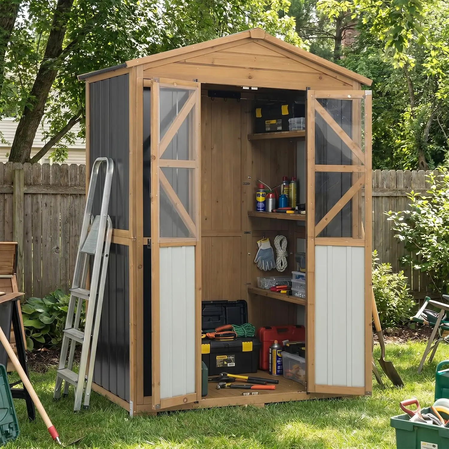 Outdoor Wooden Storage Cabinet with Lockable Doors & Shelves for Garden Patio Backyard, Customized