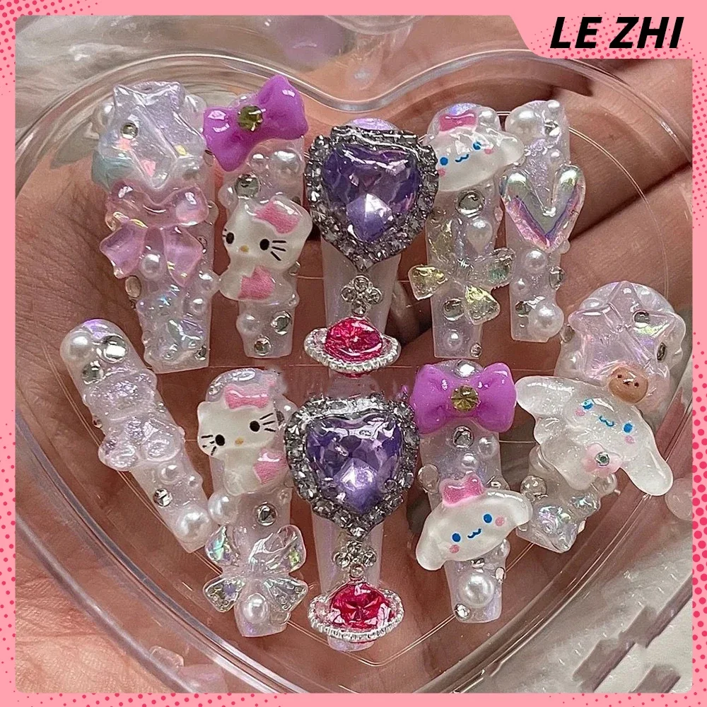 

Kawaii Y2K Anime Hello Kitty Cinnamoroll Nail Art Party Sticker Handmade Sweet 3D Rhinestones Full Cover Nails Party Sticker