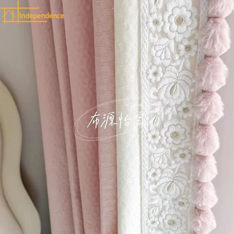 

French High-end Pink Beige Cotton Jacquard Patched Lace Curtains for Living Room Bedroom Balcony French Window Customized