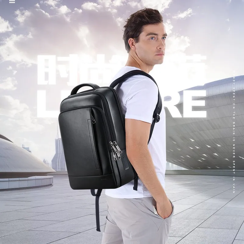 High Quality BOPAI Genuine Leather Backpack for Men Business Office Work Travel Cowhide Expandable Luxury 15.6 Laptop Backpack