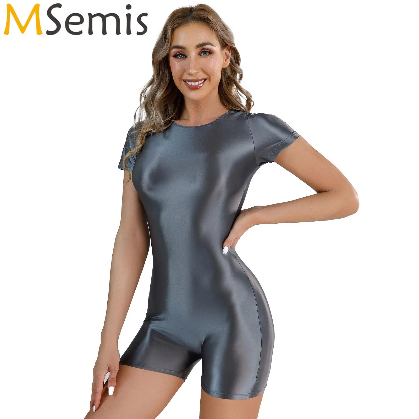 Swimwear Women One Piece Glossy Tights Swimsuit Short Sleeve Round Neck Sport Running Bodysuit Gymnastic Swimming Bathing Suit