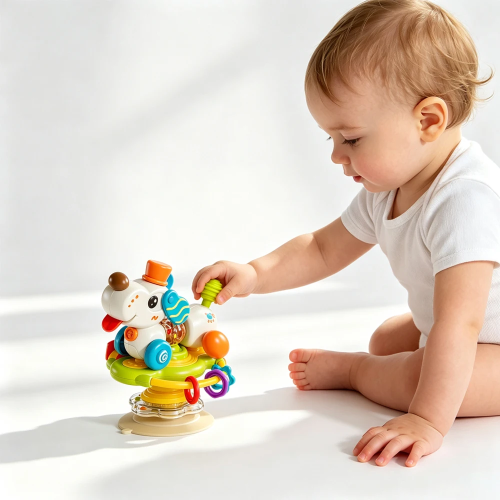 Cartoon Dog High Chair Suction Toy Rotating Sensory Baby Toy Teether Rings Rattle Educational Gift for 18M+ Toddlers
