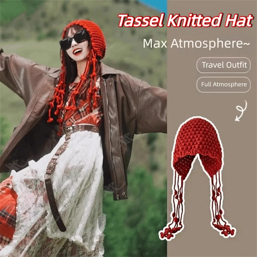 

Retro Tassels Crochet Knitted Hat Bohemian Style Hollow Out Tassel Beanies Handmade Korean Ethnic Style Hat Travel