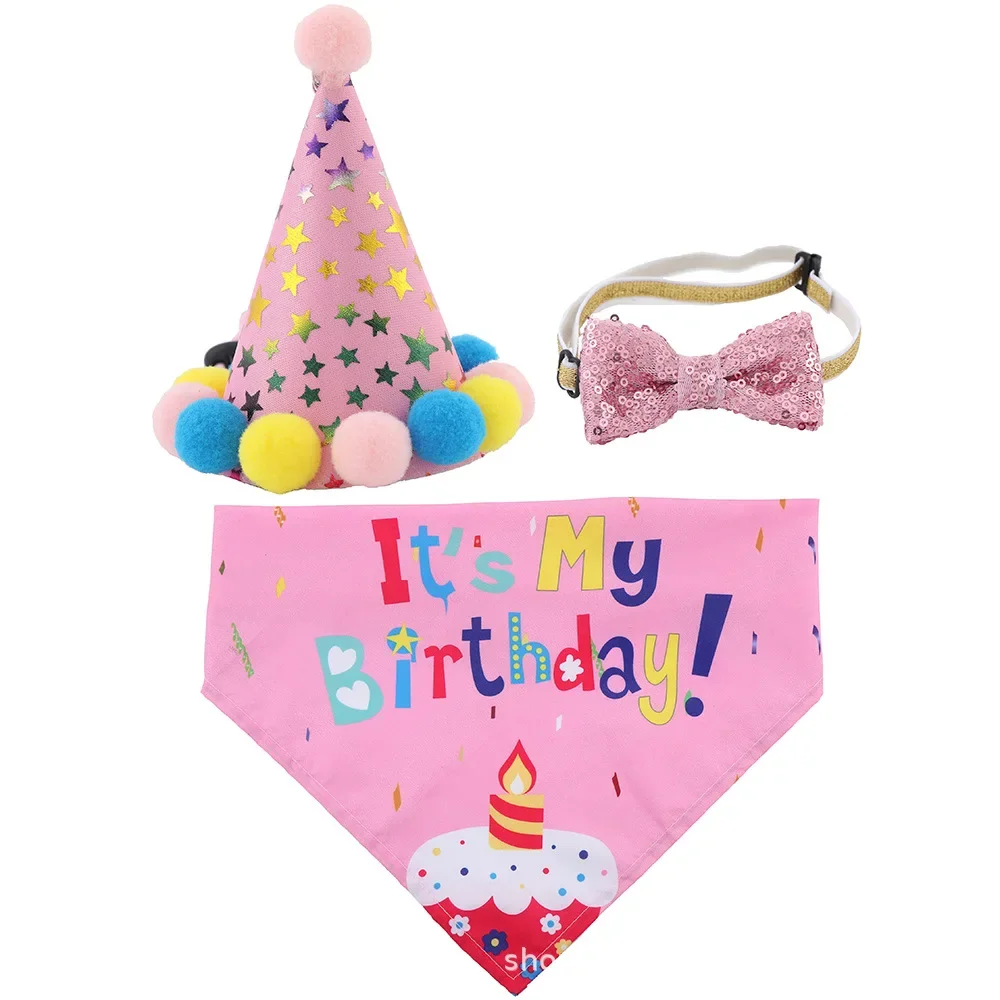 Cat and Dog Birthday Prop Dress Up Set New Pet Birthday Party Hairball Hat Water Scarf Decoration Pet Birthday Supplies 3pcs
