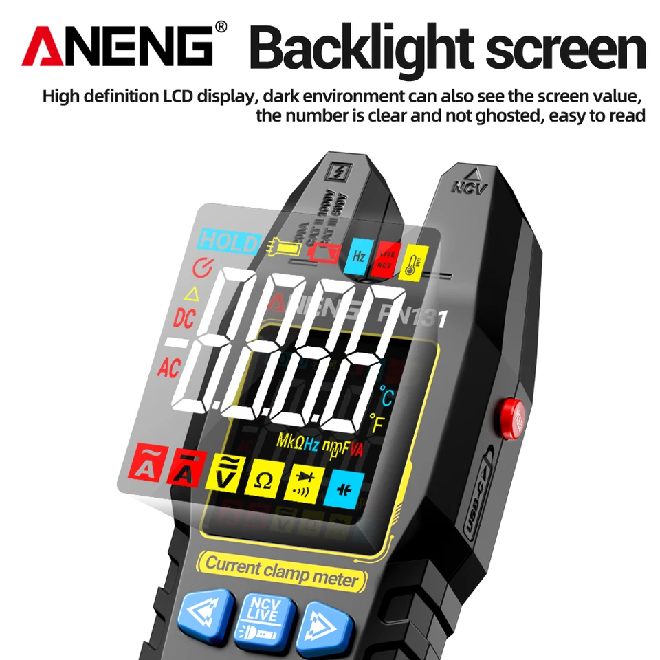 ANENG PN130 Multimeter Tester – Color LCD TRMS 4000 Counts Clamp Meter, Rechargeable