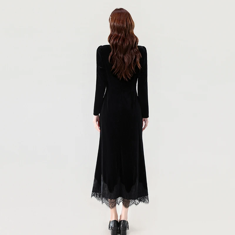 เดรสยาวแขนยาวผ้ากำมะหยี่สีดำ ปี 2025 แต่งลูกไม้เก๋ไก๋  ชุดราตรีหรูหราสง่างามสำหรับฤดูใบไม้ร่วงและฤดูหนาว  ชุดเดรสสไตล์วินเทจแบบเฮปเบิร์นสำหรับงานปาร์ตี้