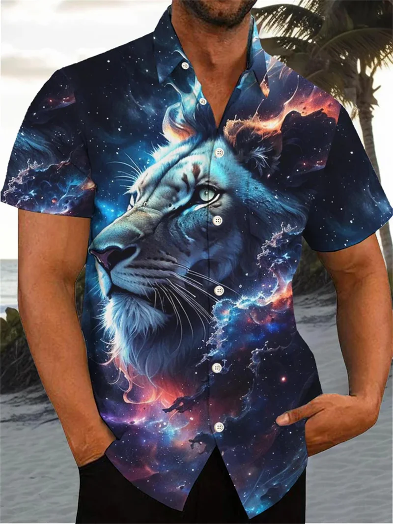 2025 Summer Splicing Tiger 3D Printed Simple Collar Button Shirt Large Short Sleeve Casual Fashion Top