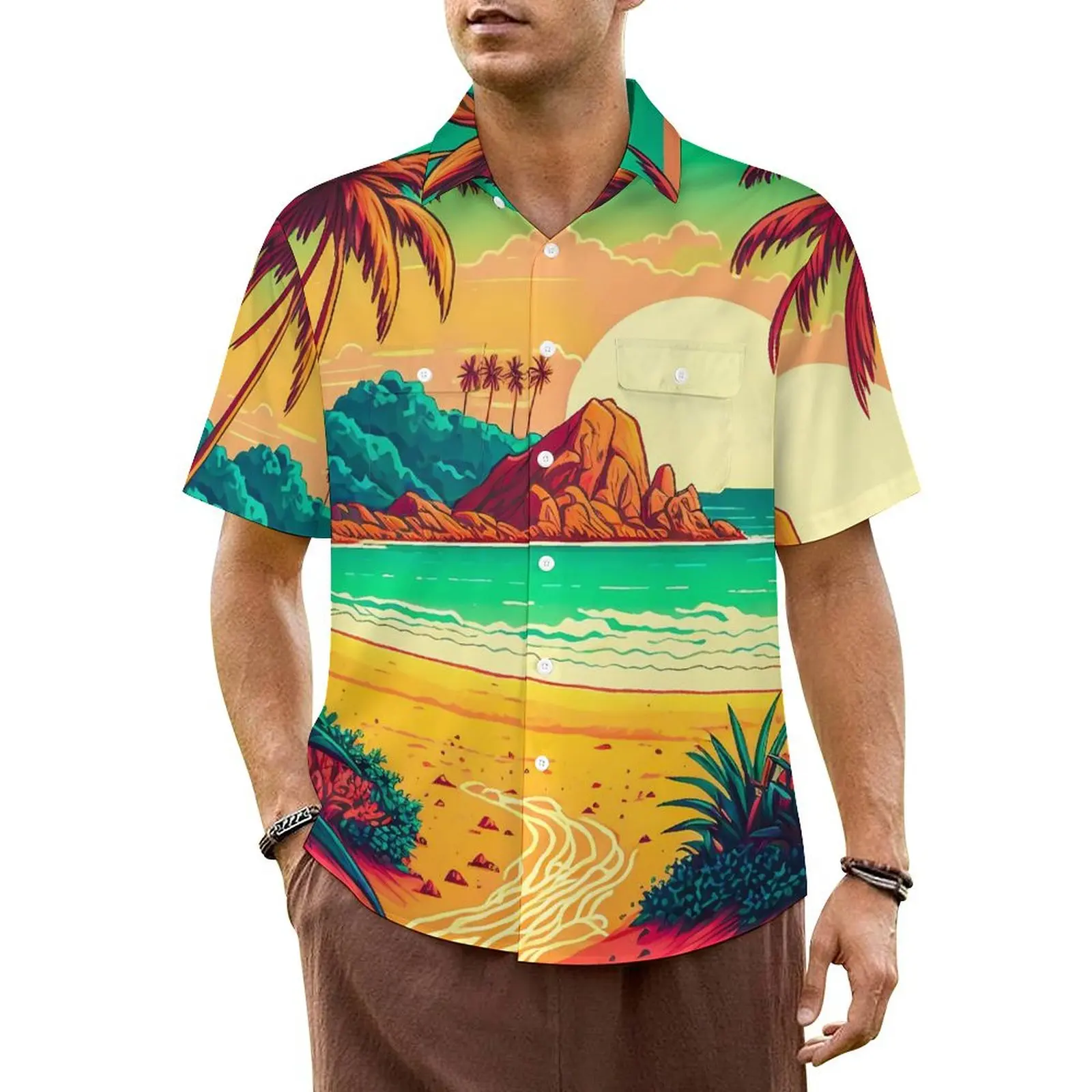 Colorful Tropical Casual Shirt Beach Landscape Novelty Summer Shirts Male Short-Sleeved Vacation Funny Design Oversized Blouses