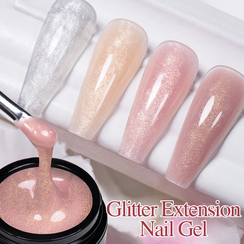 PUENTE 15ML Glitter Extension Nail Gel Sparkling Pink Glitter Builder Nail Gel Prolong Nails Soak Off UV Nail Varnish Manicure