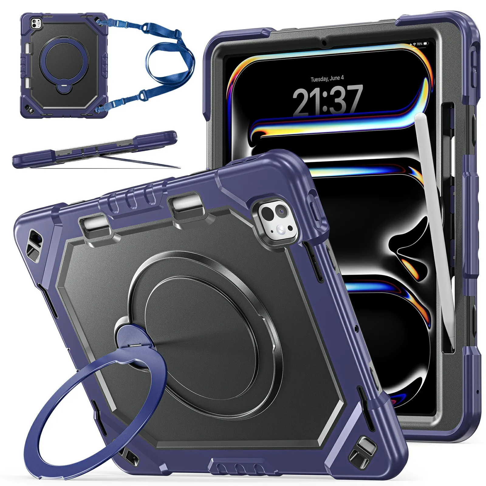 For iPad Pro 13 (2025) / (2024) Case Kickstand TPU + PC + Silicone Tablet Cover with Shoulder Strap - Navy Blue+Black