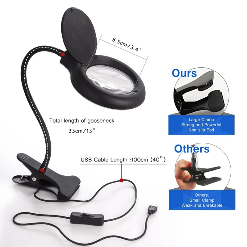 5X Magnifying Lamp With Clamp, USB Powered Hands Free Lighted Magnifying Glass LED Desk Lamp For Diamond Painting Tools