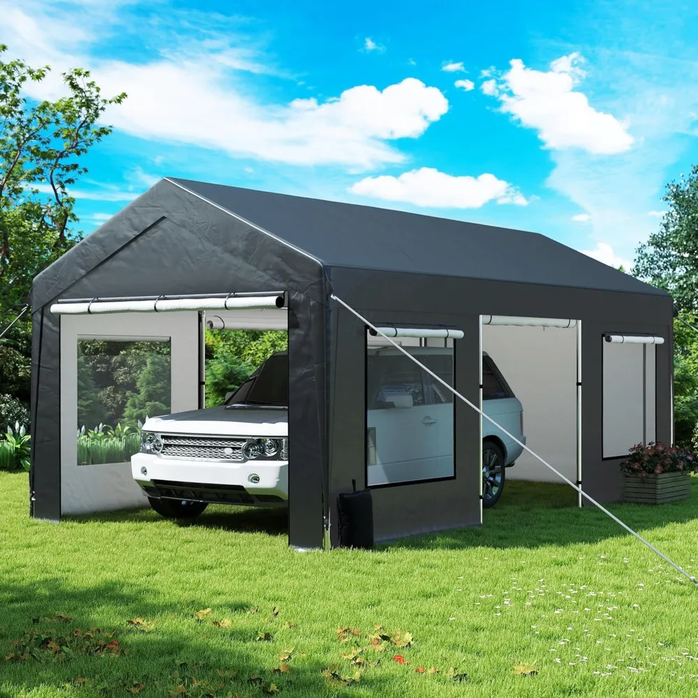 

Upgrade 10' x 20' Heavy Duty Carport, Extra Large Shelter with Roll-up Ventilated Windows & Side Doors, Portable Garage