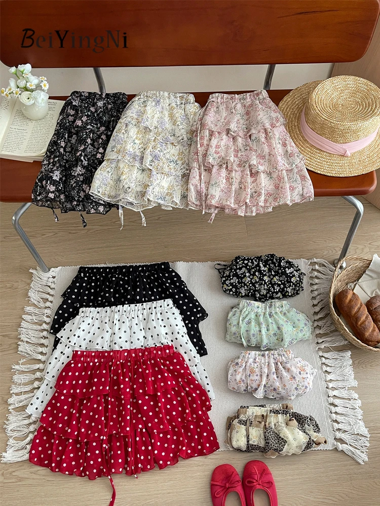 

Beiyingni Summer y2k Shorts Skirts for Women Floral Printed Vintage Ruffles Cake Skirt 2026 Fashion Chiffon Vacation Boho Skirt