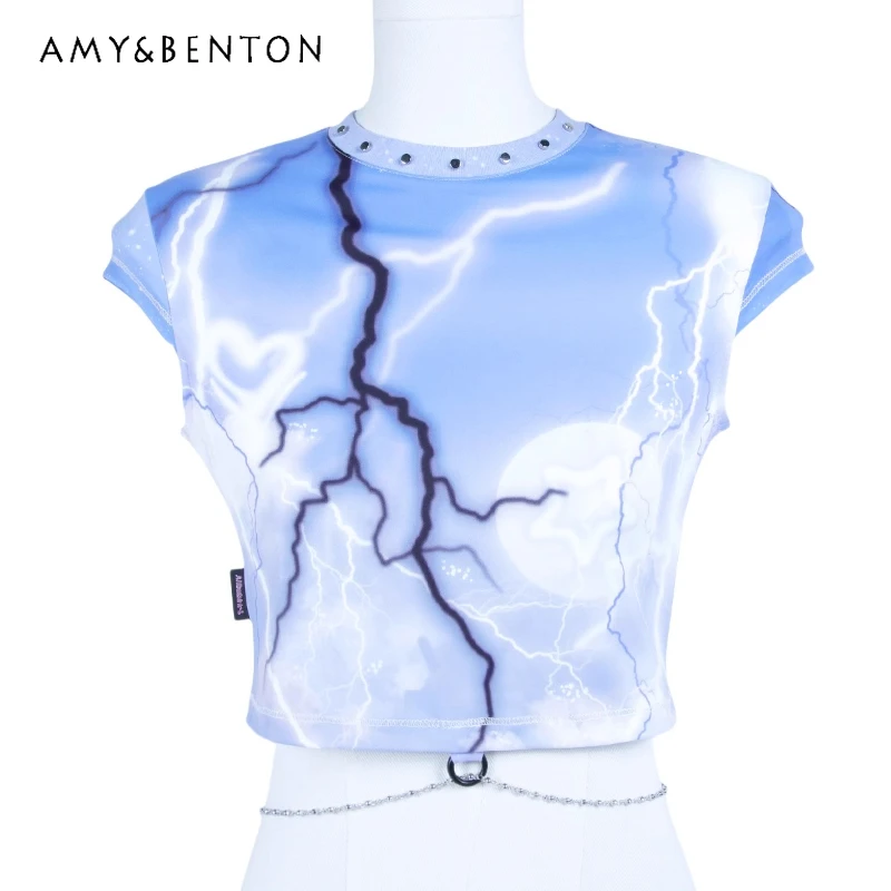 

Оригинальный дизайн, сине-белый женский топ с металлической цепочкой на талии и принтом тай-дай, осенние новые милые крутые универсальные футболки для женщин