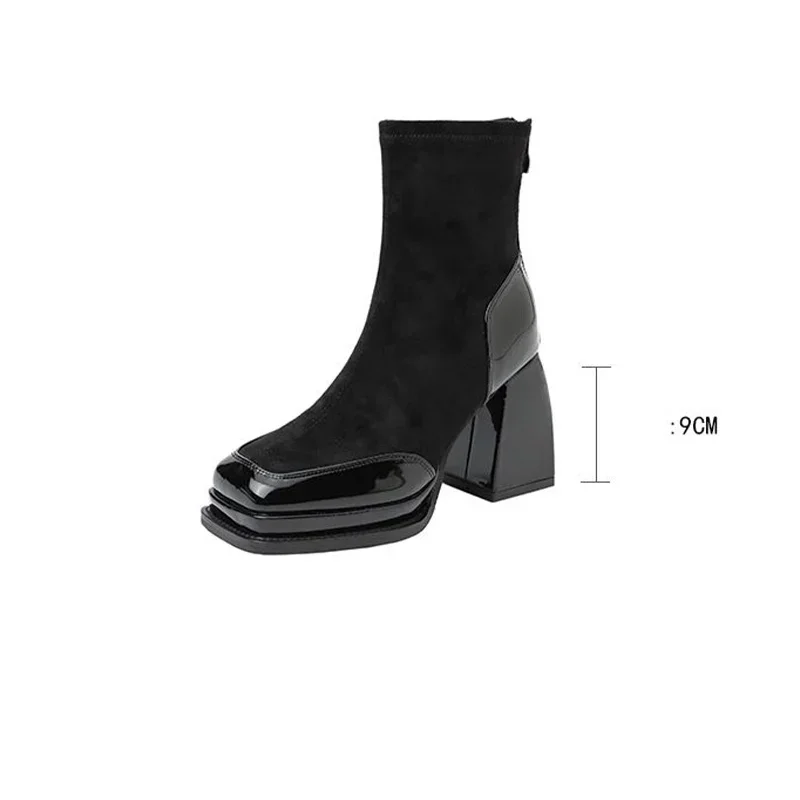 Wysokie obcasy Kobiety Moda Goth Buty za kostkę Eleganckie kwadratowe palce Zamszowe buty damskie Trend zimowy Chunky Pumps Platforma Botas Mujer