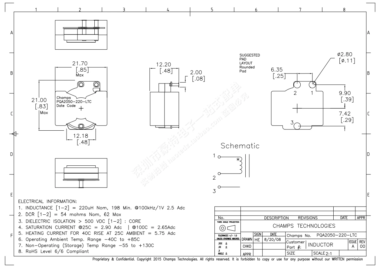 10PCS/ HRPQA2050-220-LTC imported patch 220UH 2.5A flat copper coil power tripod inductor