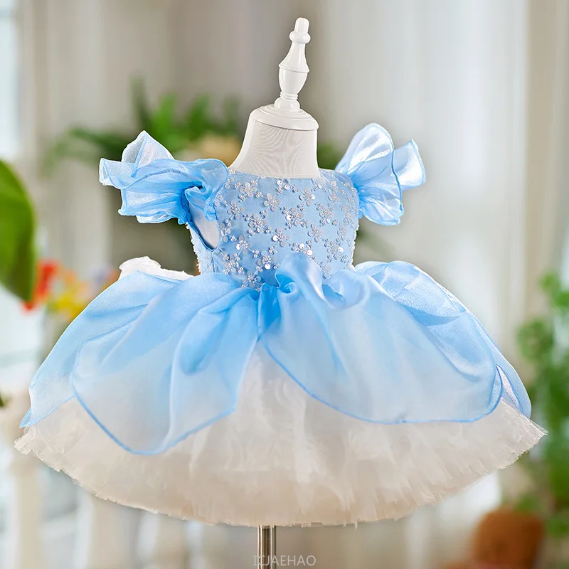 

Party Dress Blue Sweet Girls Tulle Princess Dresses Kids Flower Girl Wedding Evening Wear VestidoGown Children Birthday Formal