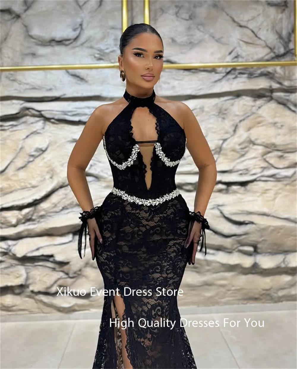 Xikuo Graceful Black Lace Evening Dresses Mermaid Crystal Pleated Party Gowns Appliques High Side Slit Robe De Soirée Customized