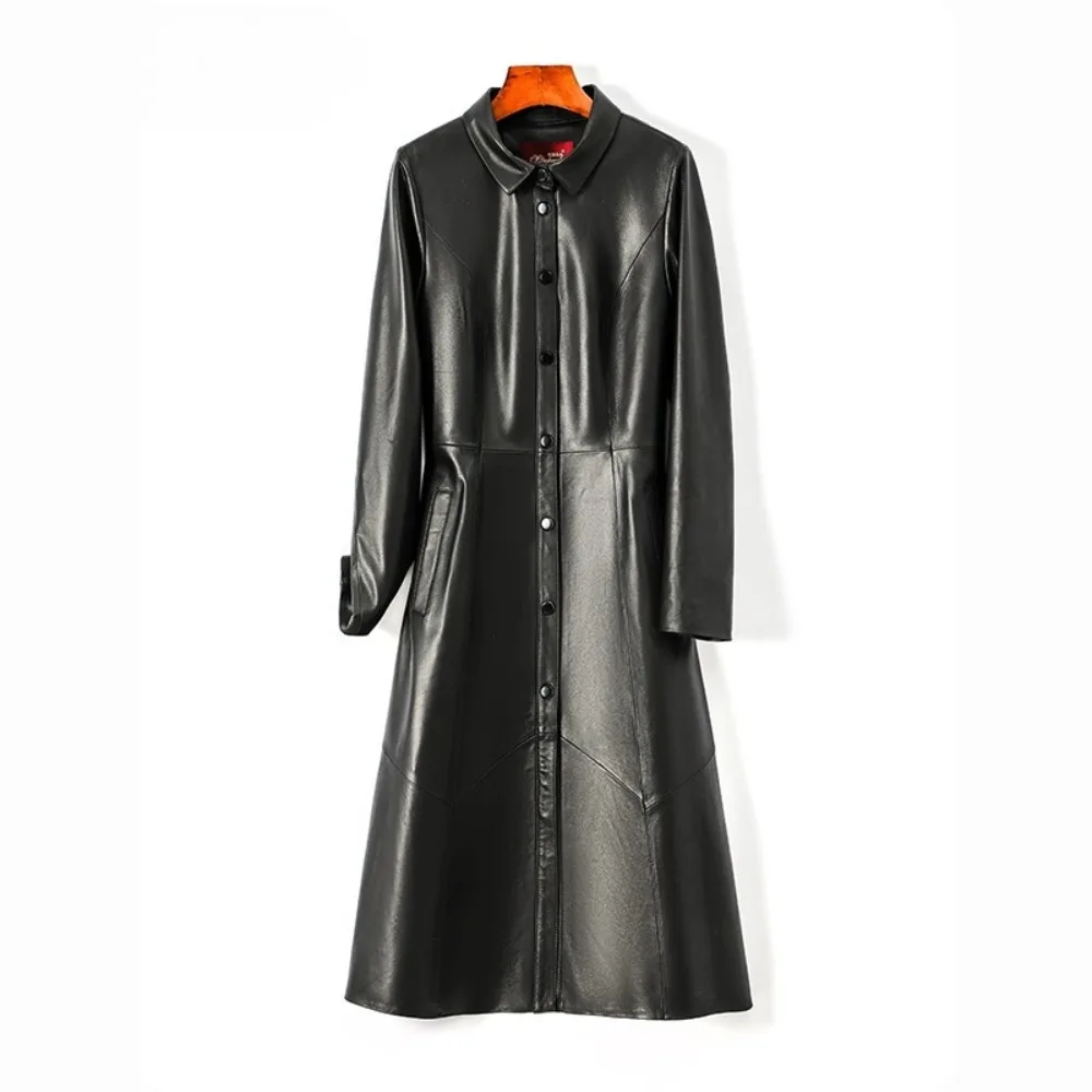Women Genuine Leather Long Coat Korean Style Slim Fashion Over Knee Trench Coat