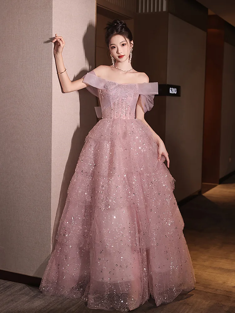 

Engagement Off Shoulder Evening Dresses French Style Luxury Glitter Sequin Tulle Layered Dress for Party Girls Quinceanera Gown