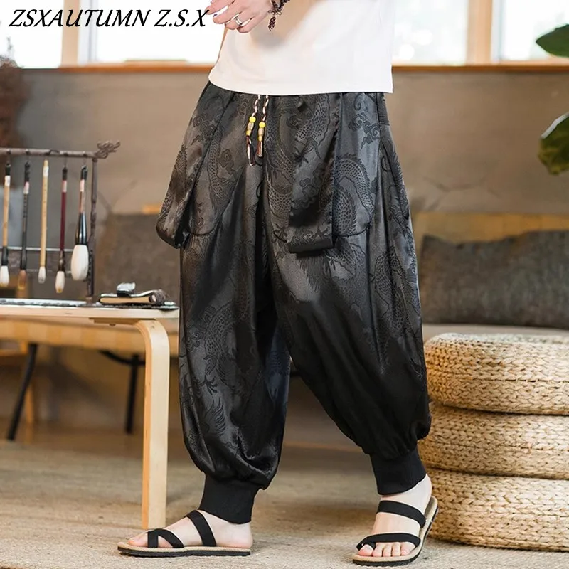 Black Chinese Style Men's Dragon Pattern Retro Harem Pants Vintage Sweatpants Men's Hip-hop Street Beat Harajuku Casual Pants