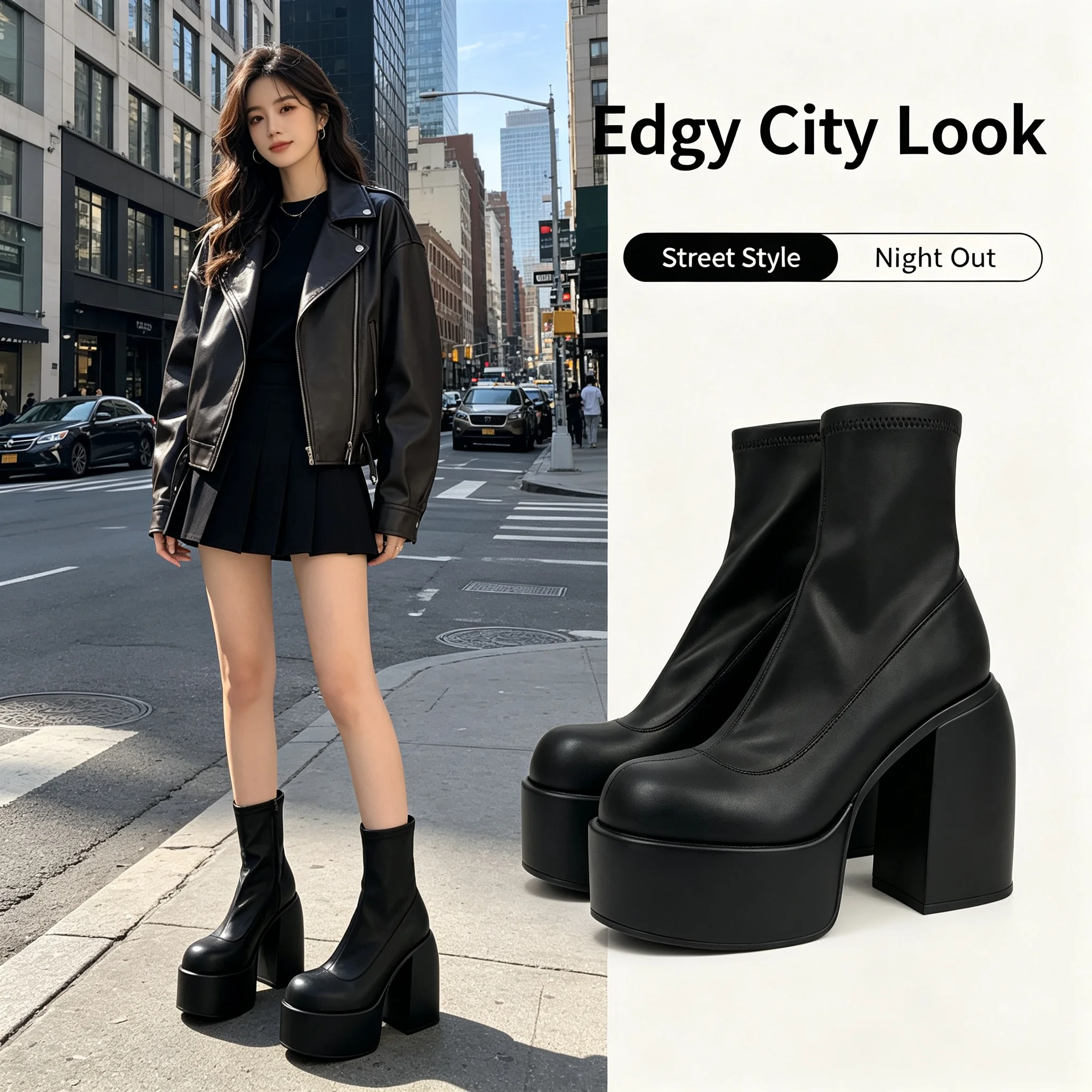 Women's Black Platform Knee High Boots Chunky Block Heel Stretch Faux Leather Tall Boots Fashion Goth Party Long Boots Female DE