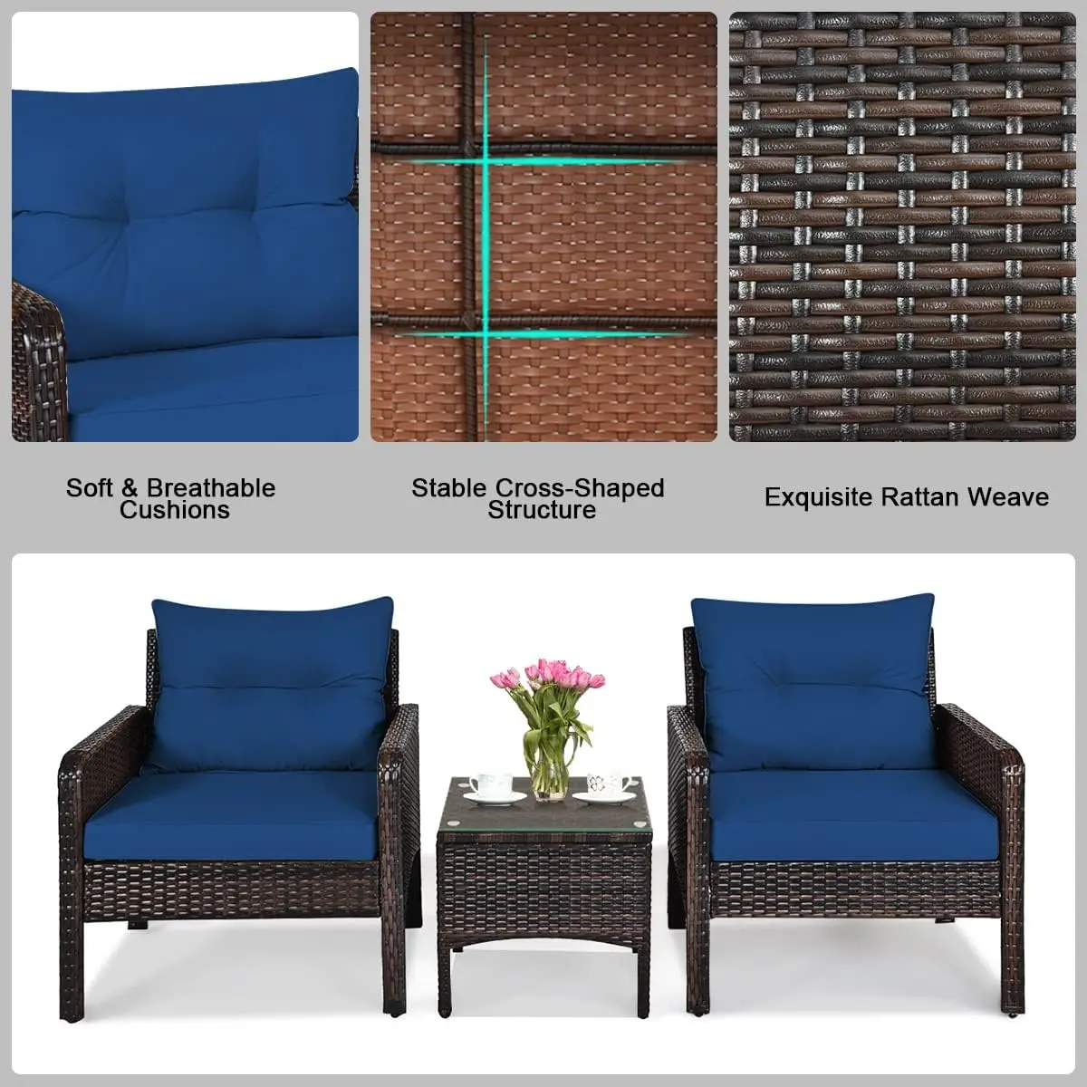 Outdoor Rattan Wicker Móveis Set, Pátio Conversa Set, Mesa de café e cadeiras, Pátio Bistro, 3 pcs