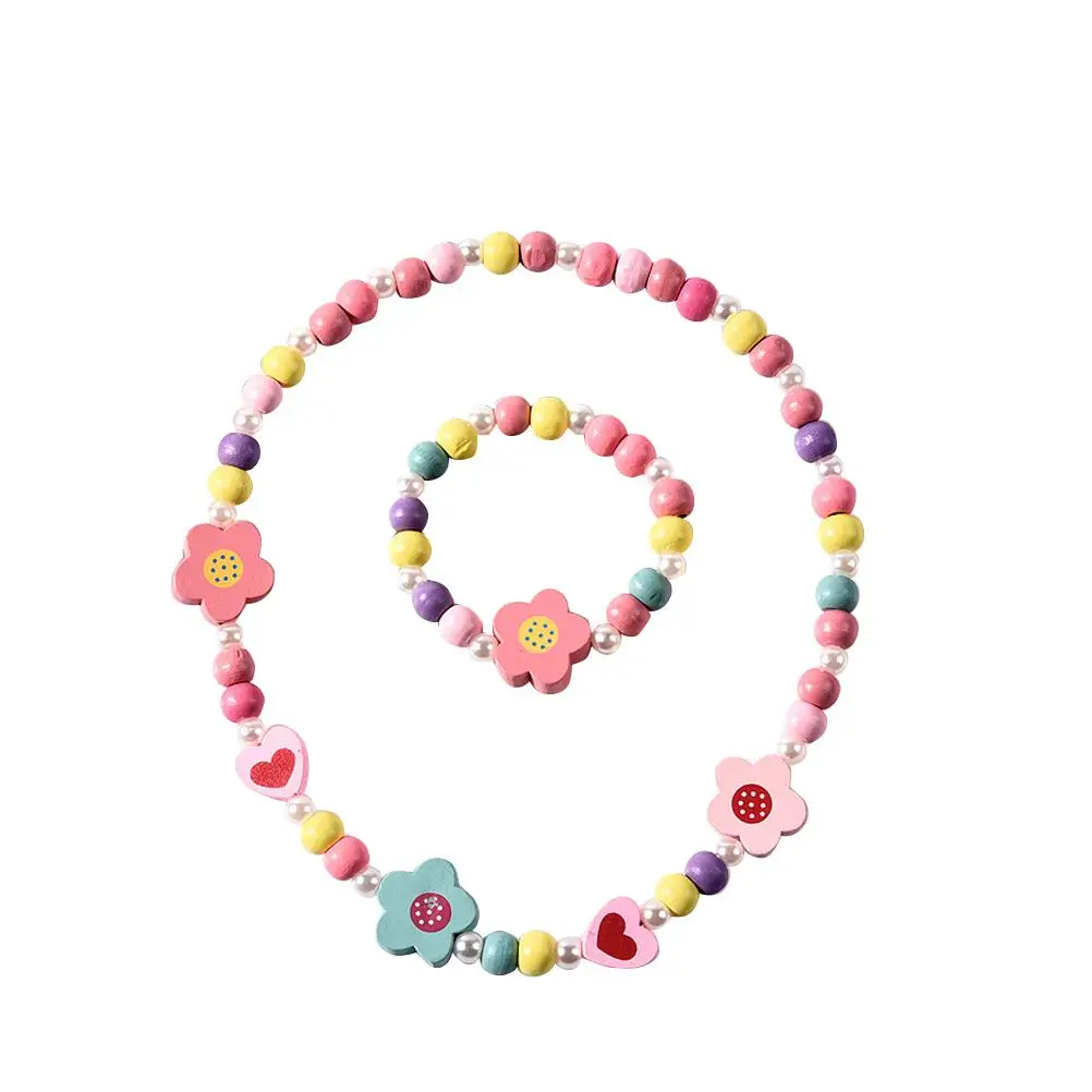 Wooden Cartoon Child Flowers Heart Shape Bracelet Necklace Kids Necklaces Set Premium Material Gift Ideas