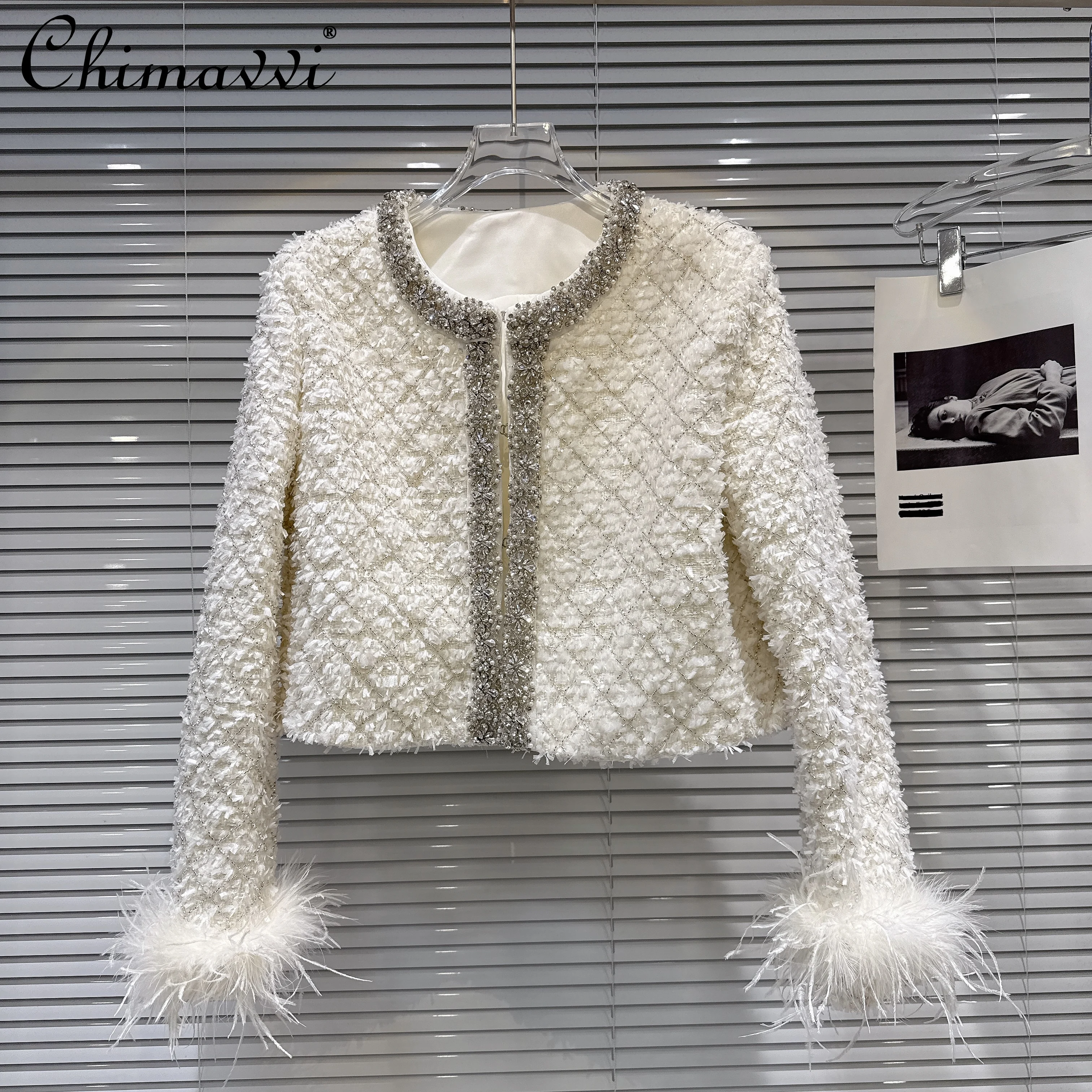 

2025 Autumn Clothes New High-End Exquisite Rhinestone Collar Trim Furry Sleeve Tweed Short Coat Fashion Long Sleeve Jacket Top