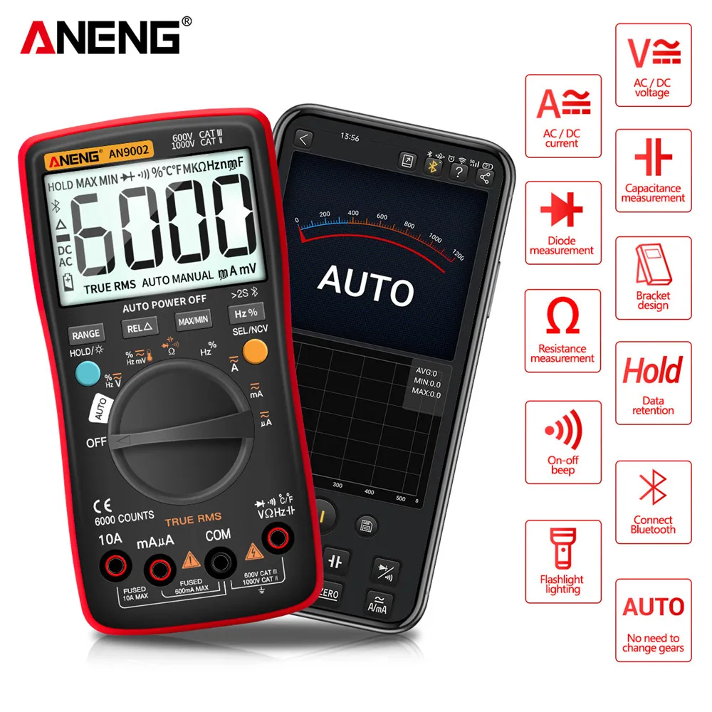 ANENG 블루투스 디지털 멀티미터 AN9002, 6000 카운트, 전문 멀티미터, True RMS AC/DC 전류 전압 테스터, 자동 범위 