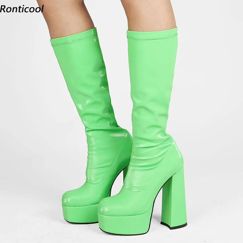 

Ronticool 2022, женские весенние ботинки ручной работы до середины икры на массивном каблуке с квадратным носком, зеленые, оранжево-синие туфли для вечеринок, размер США 4-13